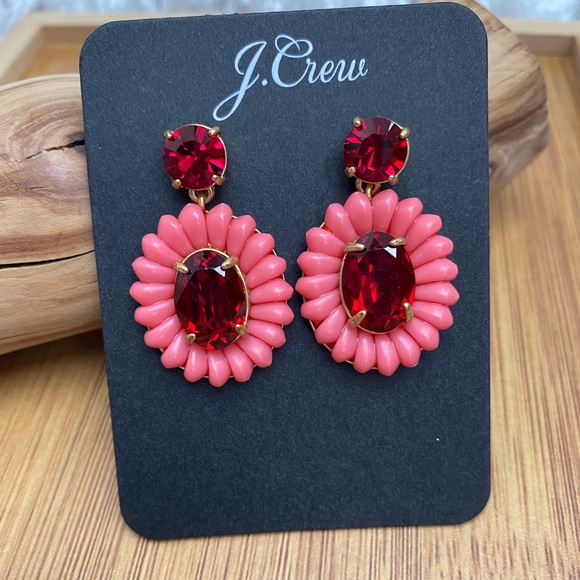 New J Crew Resin Beads and Faceted Garnet Colored Stones Drop Statement Earrings - Picture 4 of 4